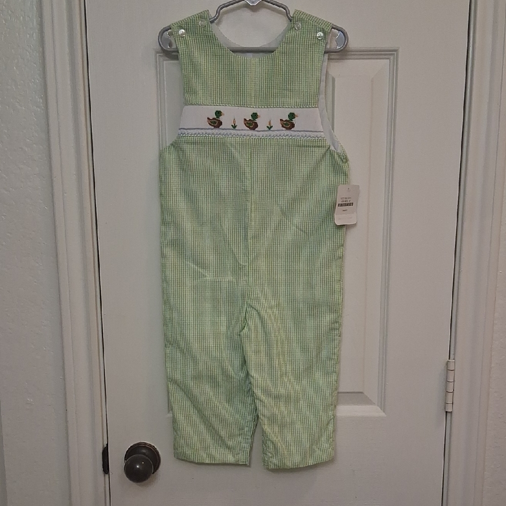 Petit Bebe Boys Green Striped Baby Overalls with Duck Embroidery